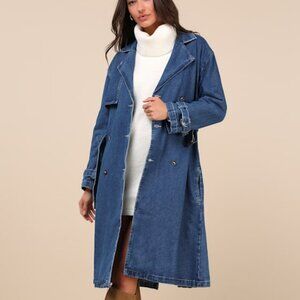 Lulus Trendsetting Weather Medium Wash Denim Trench Coat Blue - Size M